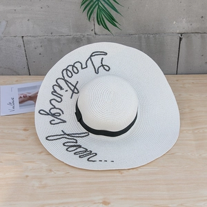 Détail du chapeau de paille blanc avec broderie en paillettes noires et large bord