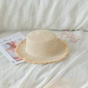 Women Fashion Flat Top Paper Straw Boater Hat With Frayed Edge Sun Protection Breathable Summer Beach Travel Large Brim Sun Hat