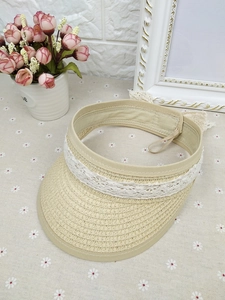 Detailed close-up of straw visor with white lace edge and delicate woven texture