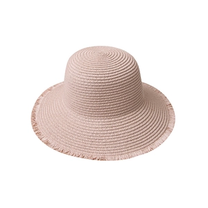 Pink straw sun hat with woven spiral pattern and fringed wide brim for women summer