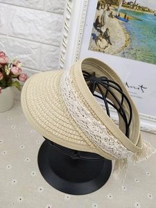 Detail view of children's straw sun visor featuring elegant white lace embroidery and ribbons