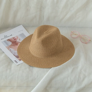 Macro detail of the light brown woven straw hat texture with classic summer flat brim