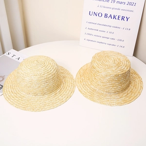 Flat top and round top natural wheat straw hats for summer sun protection and DIY style