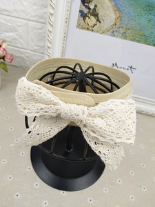 Detail of beige lace bow headband with vintage floral crochet pattern for girls