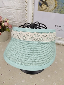 Detail of mint green straw sun visor with white lace trim and breathable weave texture