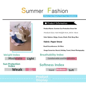 Detailed chart showing 10cm wide brim paper straw sun hat dimensions and colors