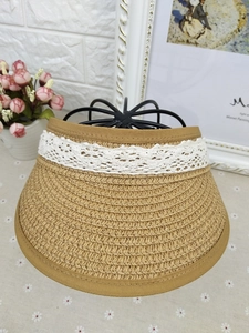 Close-up of woven straw sun hat featuring delicate white lace bow and floral details