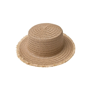 Straw boater sun hat for women with frayed edges and wide brim for beach vacation