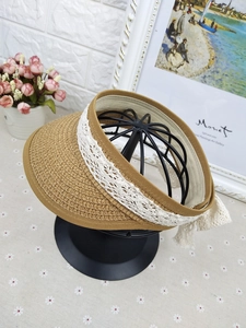 Detail of children's straw sun visor featuring white lace and an elegant bow knot