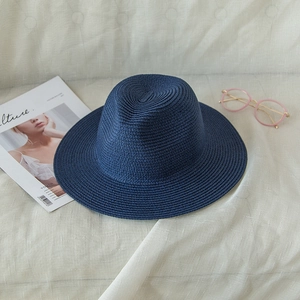 Classic navy blue woven straw sun hat for men and women, wide brim summer beach fedora