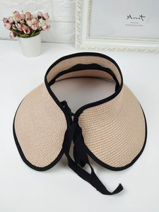 Detail of wide brim straw sun visor with black piping and back ribbon tie for women