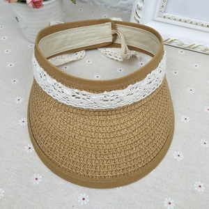 Girls khaki straw sun visor hat with white lace bow and adjustable elastic band