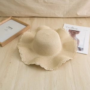 Women Summer Paper Straw Hat Wide Brim Scalloped Edge Sunshade Beach Vacation Foldable Breathable Sun Hat