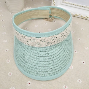 Mint green straw open-top sun hat for girls with white lace bow and adjustable strap