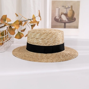 Flat Top Wheat Straw Boater Hat For Men Women Wide Brim Sun Protection Beach Straw Hat With Black Ribbon Simple Vintage Style