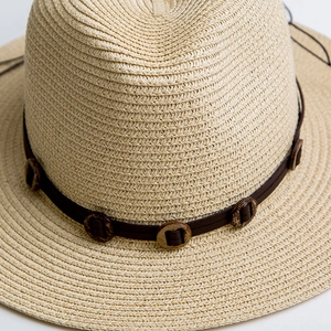 Cappello Panama in paglia da uomo con fascia in pelle caffè e fibbie in legno decorative
