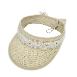 Kids beige straw open top sun hat with delicate white lace bow trim and elastic strap