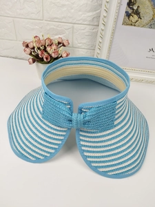 Detail of blue and white striped straw sun hat with decorative bow on a white background