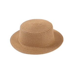 Summer stylish khaki straw boater hat with flat top for sun protection and travel wear