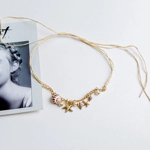 Summer Natural Shell Faux Artificial Pearl Gold Plated Alloy Star Hat Decoration Rope Bohemian Woven Hemp Accessory For Women