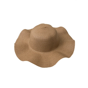 Wide brim wavy sun straw hat in khaki color for summer beach UV protection