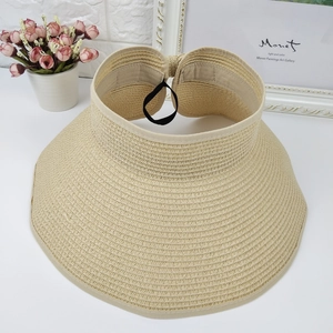 Beige woven straw visor hat with black elastic band for outdoor sun protection