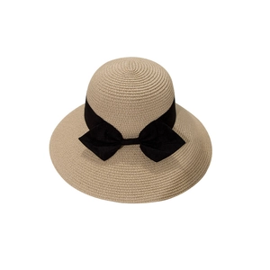 Elegant wide brim straw hat for women with a large black bow and fine woven texture