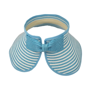 Foldable straw sun visor hat with blue striped design and a stylish bow for outdoor travel