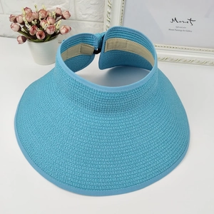 Sky blue woven straw sun visor hat with adjustable back strap for outdoor summer travel