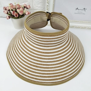 Striped foldable straw sun visor for summer travel featuring wide brim and open top