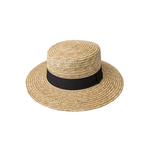 Classic straw boater hat with black ribbon band and wide brim for sun protection