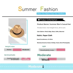 Detail of khaki paper straw fedora hat showing 9cm crown height and 6cm brim dimensions