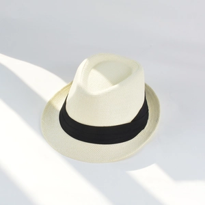 Classic cream Fedora straw hat with black ribbon, elegant sun protection beach headwear