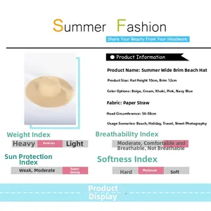 Detailed size chart for wide brim straw hat showing 12cm brim and 10cm height