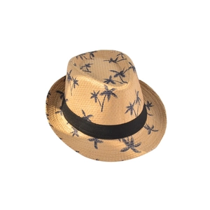 Men's summer straw fedora hat with blue palm tree print and black ribbon band