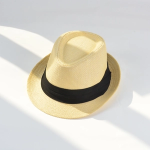 British style straw panama hat for beach sun protection with black ribbon band decoration