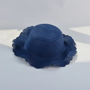 Navy blue scalloped straw sun hat with fine woven texture for women and girls