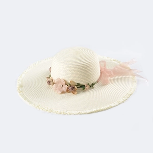 Women's wide brim straw sun hat with floral ribbon and fringe edges for beach vacation