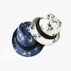 Kids Summer Straw Fedora Hat Palm Tree Print Short Brim Sun Protection Panama Beach Jazz Hat For Boys Girls