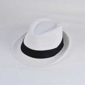 Detailed top view of a white woven straw Fedora hat with a classic black ribbon band