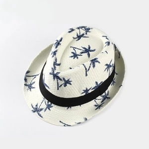 Kids white Panama straw hat with navy palm trees and black ribbon for summer beach vacation