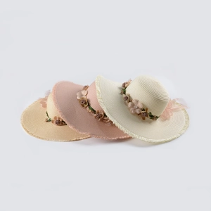 Women Elegant Wide Brim Paper Straw Hat With Fabric Flower Ribbon Frayed Edge Sun Hat For Beach Holiday Summer Travel Sunshade