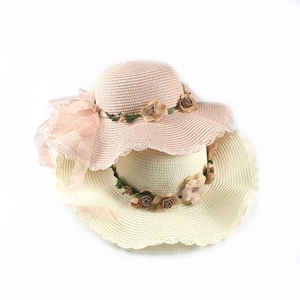 Women Wide Brim Paper Straw Hat With Floral Decoration Wave Edge Ribbon Bow Breathable Sunshade Beach Vacation Sun Hat
