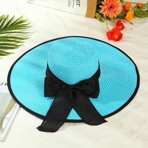 Bright blue wide brim straw hat with black bow, UV protection beach sun hat for women