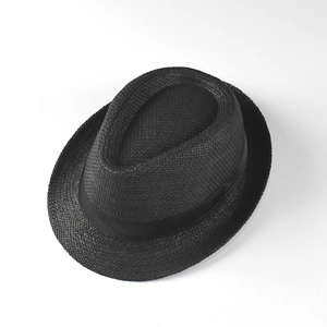 Chapeau fedora en paille noire pour enfants avec protection solaire et ruban