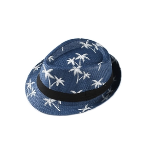 Blue kids panama straw hat with white coconut tree prints and black ribbon band