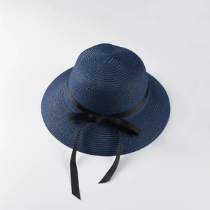Navy blue straw sun hat with black bow, foldable wide ribbon beach hat for women