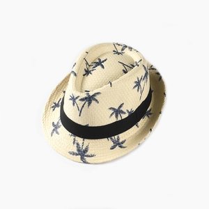 Kids straw panama hat with blue palm tree prints and a black ribbon band for summer vacations