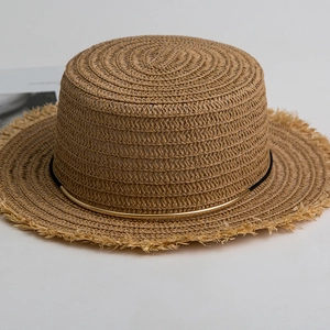 Flat top straw sun hat with frayed edge and minimalist gold chain decorative band