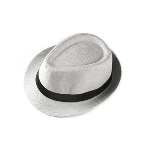 Detailed top view of light grey straw sun hat with black ribbon and woven texture